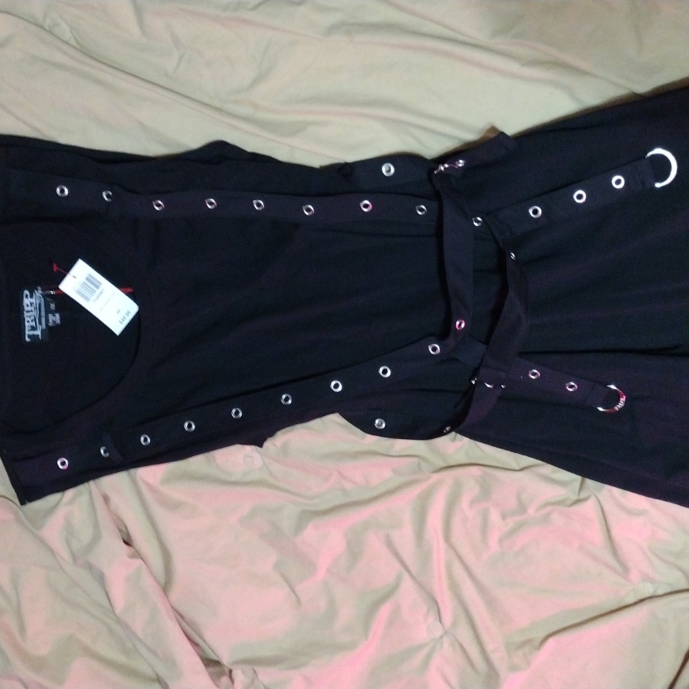 Black goth-type dress with straps.